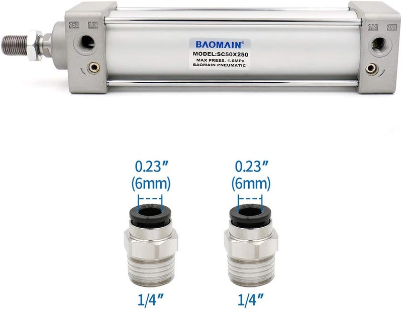 Baomain Pneumatic Air Cylinder SC 50 x 250,PT 1/4, Bore 2 inch(50mm), Stroke 10 inch(250mm),Dual Action 1 Mpa,for Industrial Machinery - Image 3