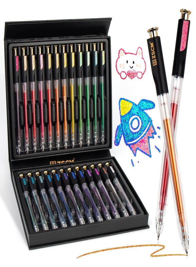 ZSCM Retractable Super Glitter Gel Pens, 24 Colors Large Capacity Metallic Sparkle Gel Ink Pens, 1 mm Fine Point Smooth Writing Color Pen for Adult Coloring Book Note Taking Aesthetic Art Supplies - Image 1