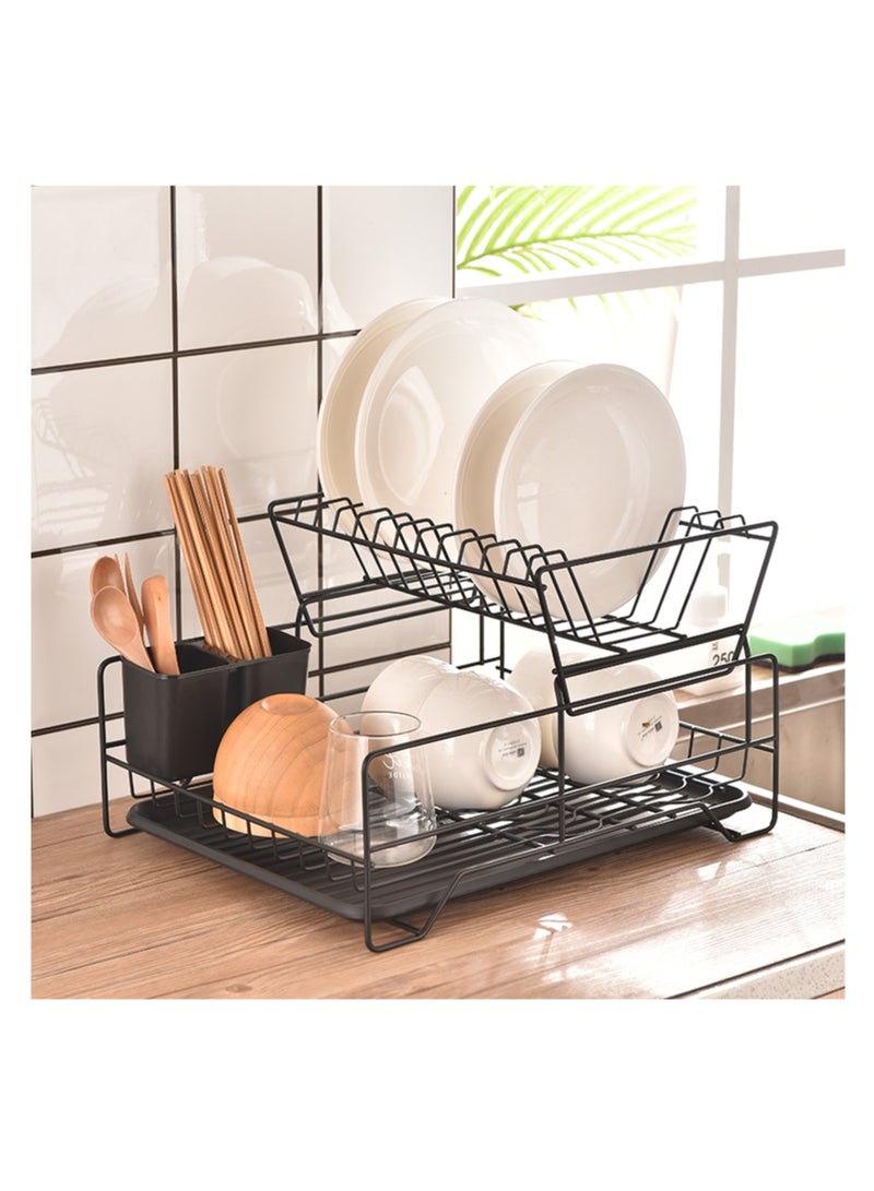 نوفولان رف تجفيف الأطباق، رف تصريف، حامل تجفيف، رف تصريف المطبخ، رف سلكي حديدي، رف أطباق أدوات المائدة، رف تخزين متعدد الوظائف مزدوج الطبقات، رف تصريف الأطباق، تخزين على سطح الطاولة (أسود) - Image 1