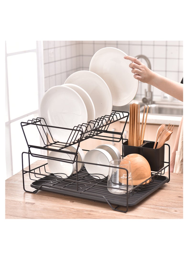 نوفولان رف تجفيف الأطباق، رف تصريف، حامل تجفيف، رف تصريف المطبخ، رف سلكي حديدي، رف أطباق أدوات المائدة، رف تخزين متعدد الوظائف مزدوج الطبقات، رف تصريف الأطباق، تخزين على سطح الطاولة (أسود) - Image 2