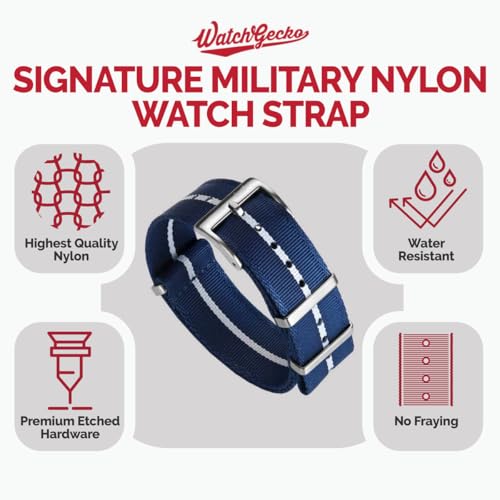 WatchGecko Swiss Quality Signature Military Nylon Watch Strap. Nylon Mens Replacement Watch Band. Rugged, Quick-Drying and Secure Wristwatch Strap for Outdoor Activities. Blue & White, 21 mm - Image 2
