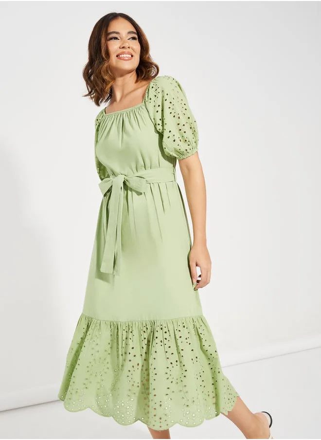 Styli Schiffli Design Midi Dress with Tie Belt