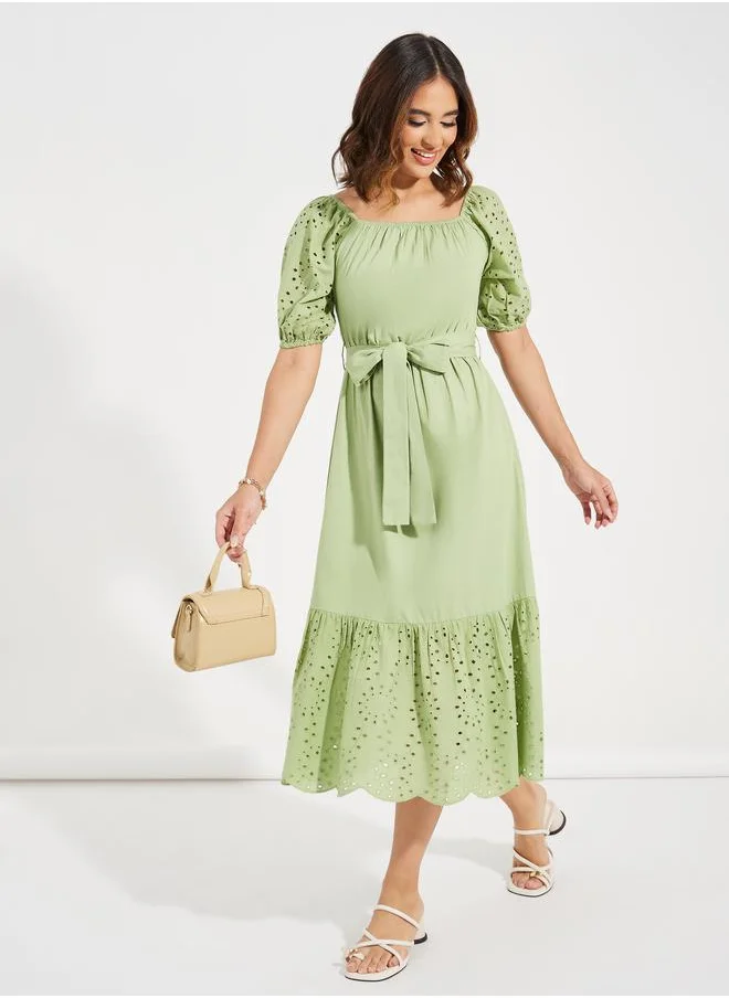 ستايلي Schiffli Design Midi Dress with Tie Belt
