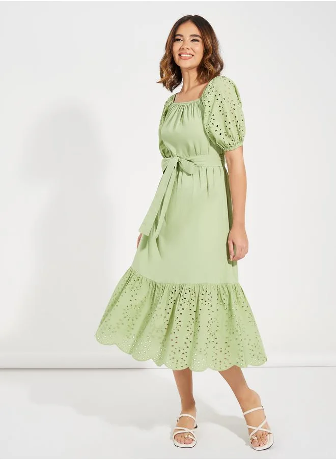 Styli Schiffli Design Midi Dress with Tie Belt