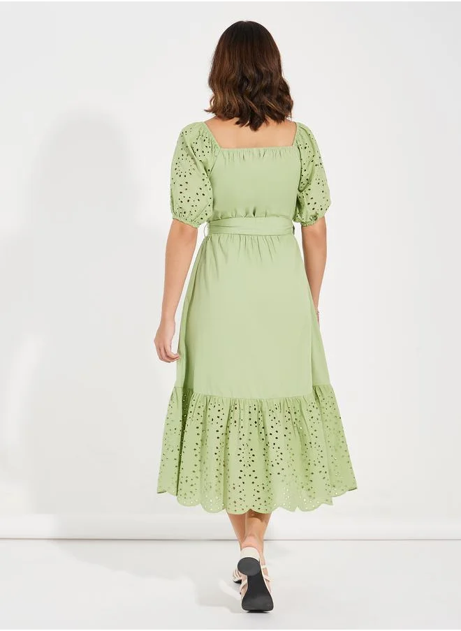 Styli Schiffli Design Midi Dress with Tie Belt
