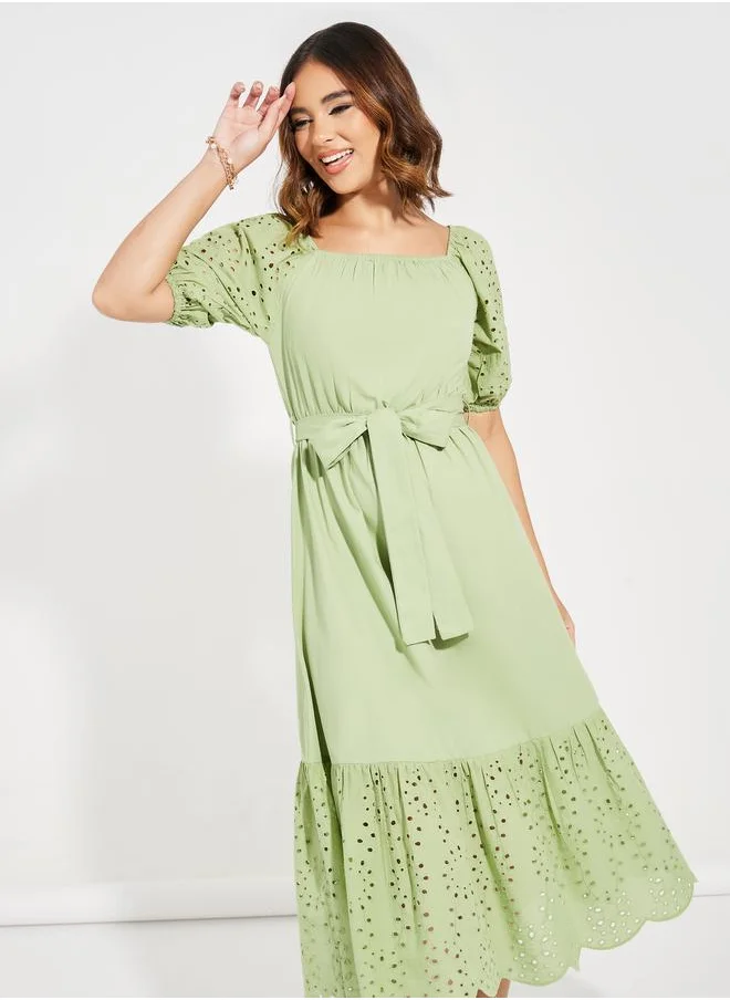 ستايلي Schiffli Design Midi Dress with Tie Belt