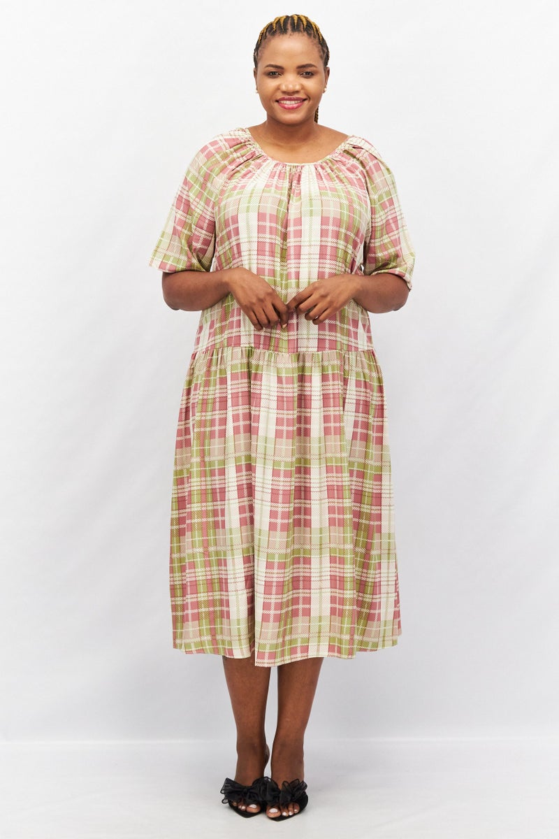 GLAMOROUS Women Curve Fit Checkered Midi Dress, Green Combo - Image 1