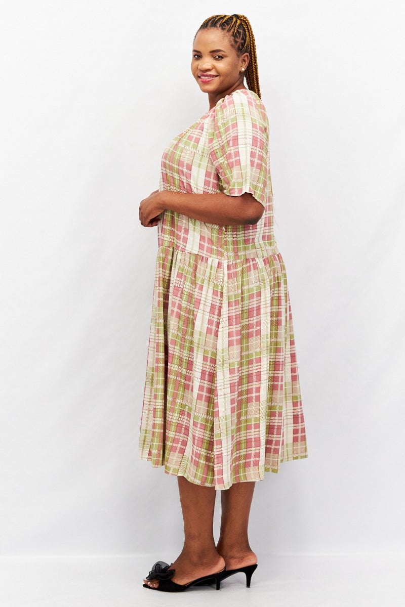 GLAMOROUS Women Curve Fit Checkered Midi Dress, Green Combo - Image 2