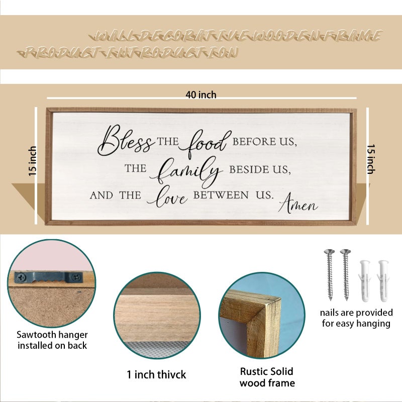 comurdyo Bless the Food Before Us Wall Decor Sign 40" X 15" Dining Room Wall Decor Framed Wood for Large Farmhouse Vintage Prayer Catholic Kitchen Wall Hanging Scripture Bible Verse Art (Wood) - Image 2