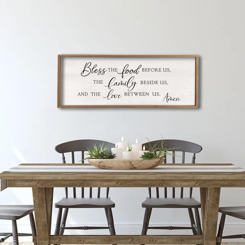 comurdyo Bless the Food Before Us Wall Decor Sign 40" X 15" Dining Room Wall Decor Framed Wood for Large Farmhouse Vintage Prayer Catholic Kitchen Wall Hanging Scripture Bible Verse Art (Wood) - Image 3