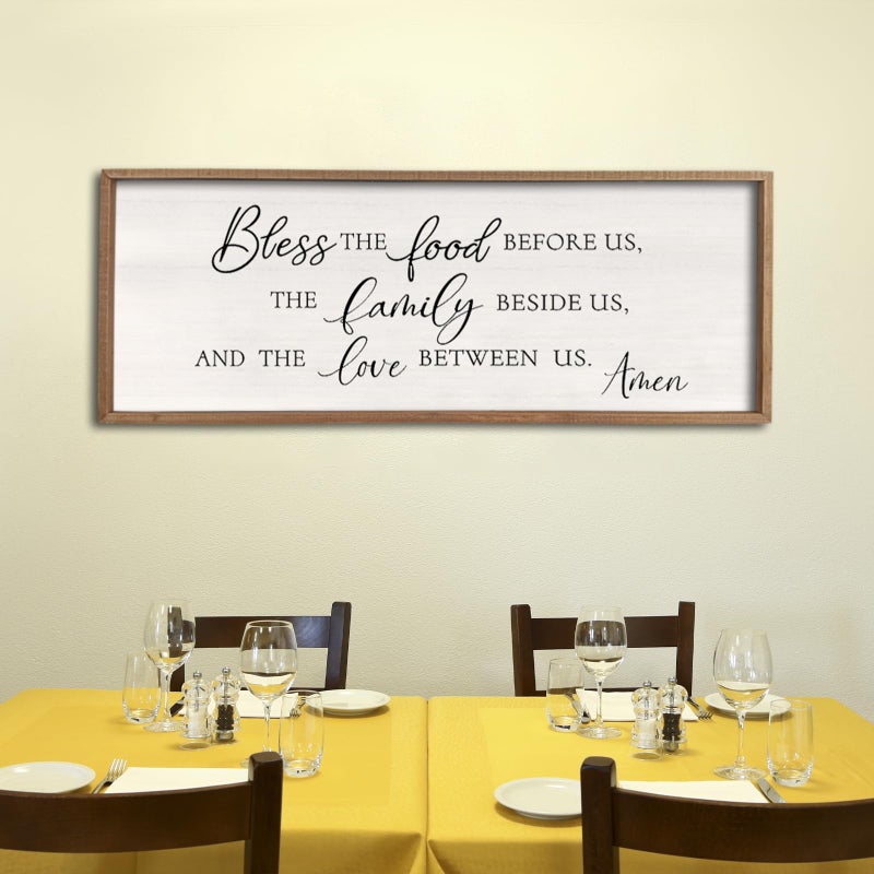 comurdyo Bless the Food Before Us Wall Decor Sign 40" X 15" Dining Room Wall Decor Framed Wood for Large Farmhouse Vintage Prayer Catholic Kitchen Wall Hanging Scripture Bible Verse Art (Wood) - Image 4