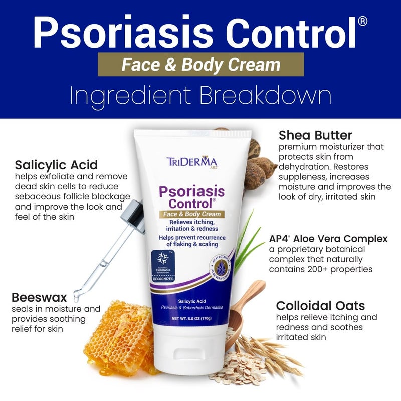 TriDerma Psoriasis Control Face & Body Cream - Maximum Strength 3% Salicylic Acid, AP4 Aloe Vera Gel, Urea Cream - Extra Moisturizing Treatment, No Cortisone or Coal Tar - FSA Eligible - 6 Oz - Image 2