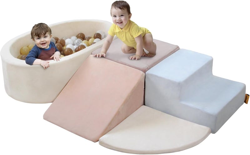 BanaSuper Foam Climbing Blocks for Kids, Baby Foam Building Blocks XXL with Ball Pool, Climbing Blocks with Ball Pit (no Ball), Softplay Set with Ball Pit, EN71 Certified, Blue and Pink - Image 1