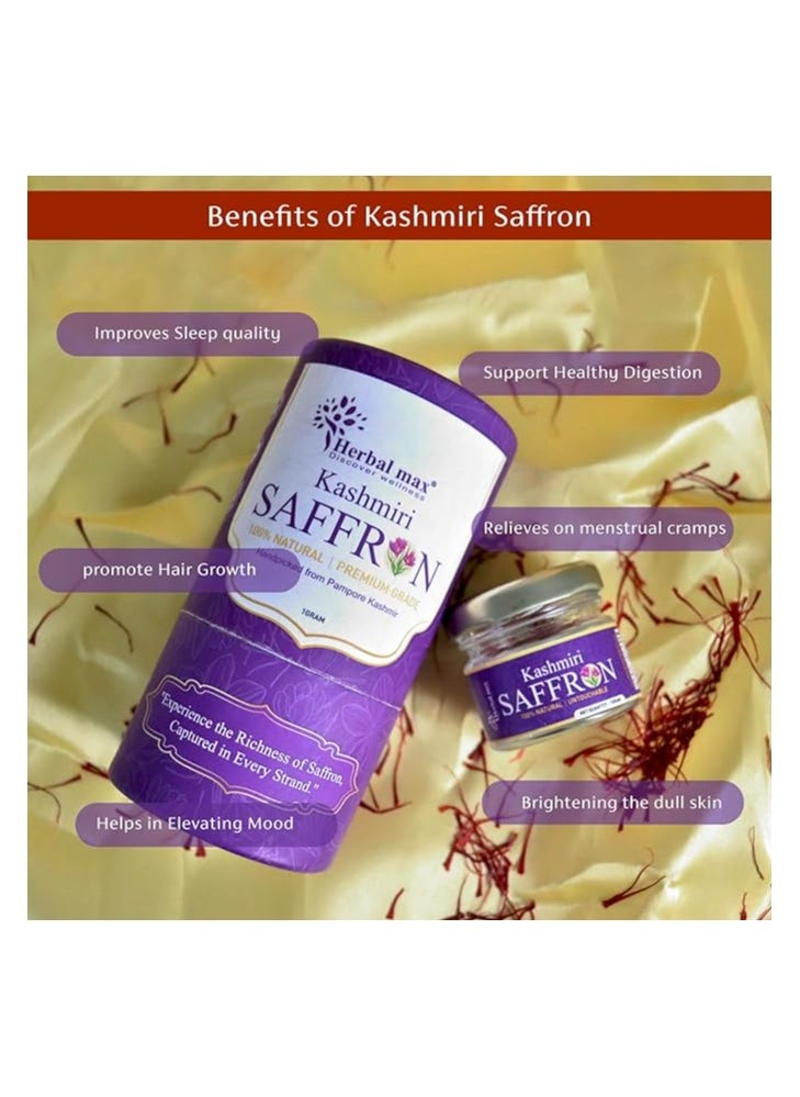 Herbal Max - Kashmiri Mongra Saffron Kesar, 1g, A+++ Grade, For Food, Cooking, Sweets Personal Use Natural Jaffran Leaves - Image 1