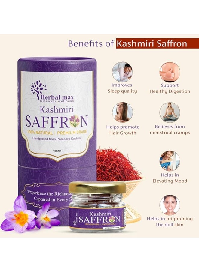 Herbal Max - Kashmiri Mongra Saffron Kesar, 1g, A+++ Grade, For Food, Cooking, Sweets Personal Use Natural Jaffran Leaves - Image 1