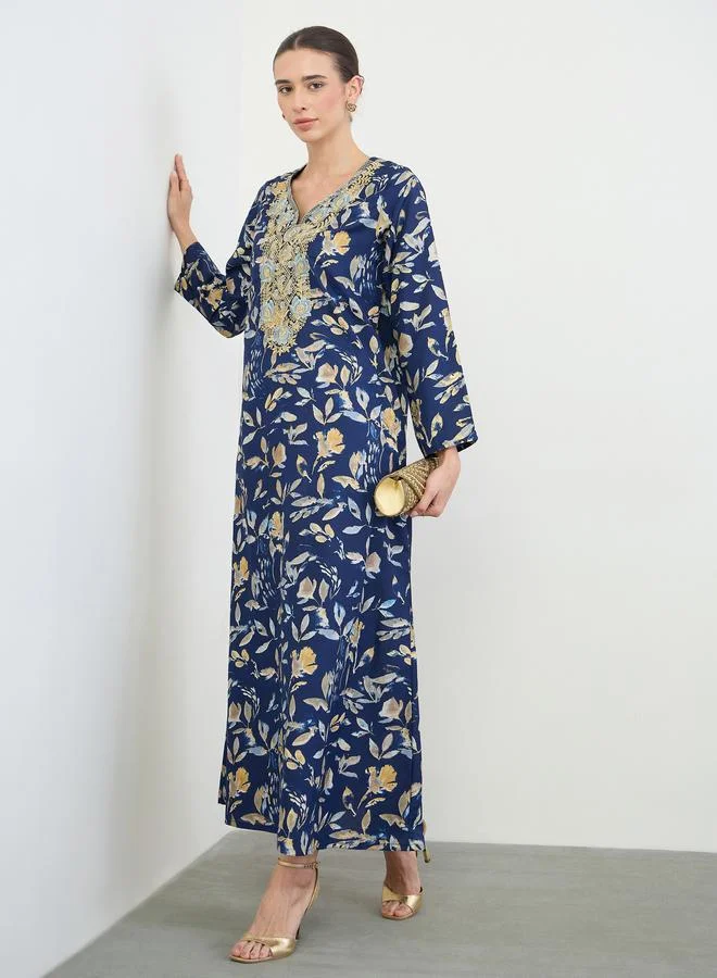 Amirah Navy Blue All Over Print Jalabiya with Thread Embroidery