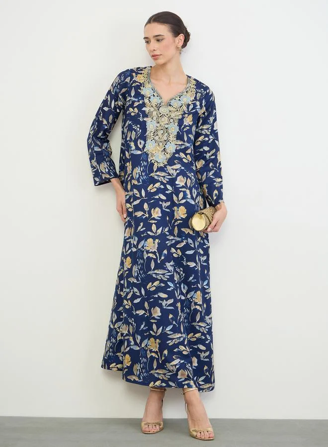 Amirah Navy Blue All Over Print Jalabiya with Thread Embroidery