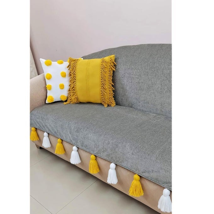 Grey Tassel Sofa CoverFive Seater Couch Slipcover Thick Fabric AntiSlip Washbale Sofa Cover Designer Premium Furnishings Seat Front Back Protection Set of 2 Covers32 Seater