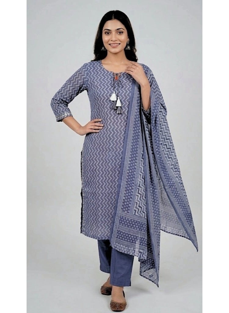 THUGFIT Women's Pure Cotton Zig-Zag Print Straight Kurta Set with Trousers and Printed Dupatta (3-Piece Set, Slate Blue) - Image 5