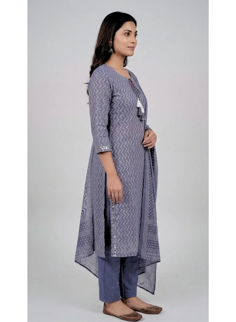 THUGFIT Women's Pure Cotton Zig-Zag Print Straight Kurta Set with Trousers and Printed Dupatta (3-Piece Set, Slate Blue)