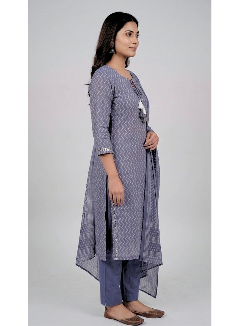 THUGFIT Women's Pure Cotton Zig-Zag Print Straight Kurta Set with Trousers and Printed Dupatta (3-Piece Set, Slate Blue) - Image 2