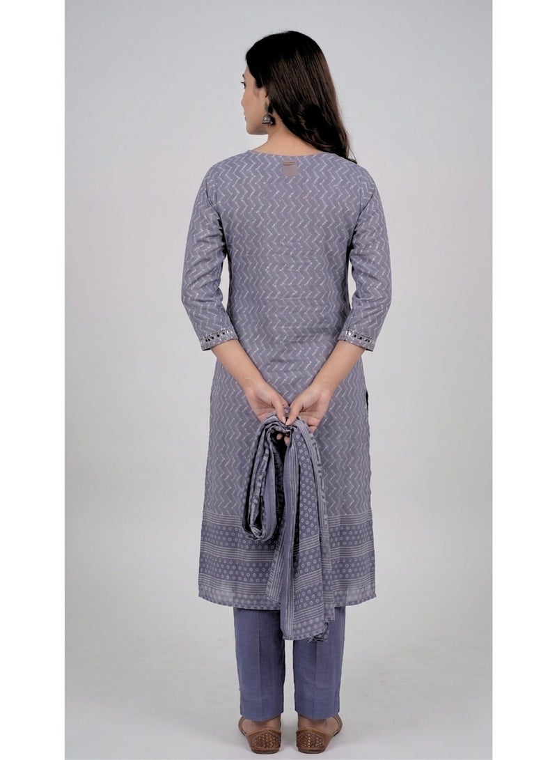 THUGFIT Women's Pure Cotton Zig-Zag Print Straight Kurta Set with Trousers and Printed Dupatta (3-Piece Set, Slate Blue) - Image 4