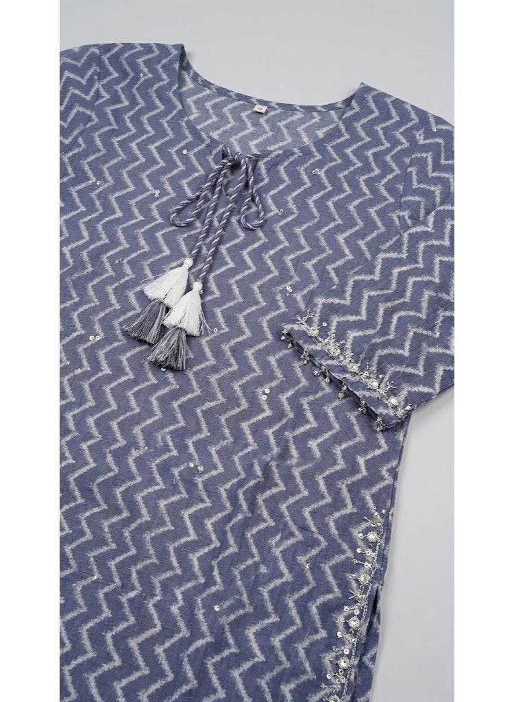 THUGFIT Women's Pure Cotton Zig-Zag Print Straight Kurta Set with Trousers and Printed Dupatta (3-Piece Set, Slate Blue) - Image 3
