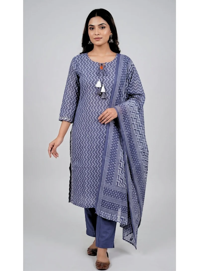 THUGFIT Women's Pure Cotton Zig-Zag Print Straight Kurta Set with Trousers and Printed Dupatta (3-Piece Set, Slate Blue)