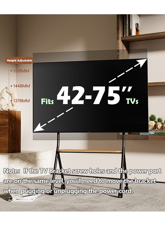 شو وو - حامل تلفزيون للشاشات LCD LED OLED من 42 إلى 75 بوصة، حامل تلفزيون محمول بعجلات، عربة تلفزيون متنقلة قابلة لضبط الارتفاع مع رف خشبي للأجهزة، حامل تلفزيون ثقيل يصل إلى 110 رطل - Image 1