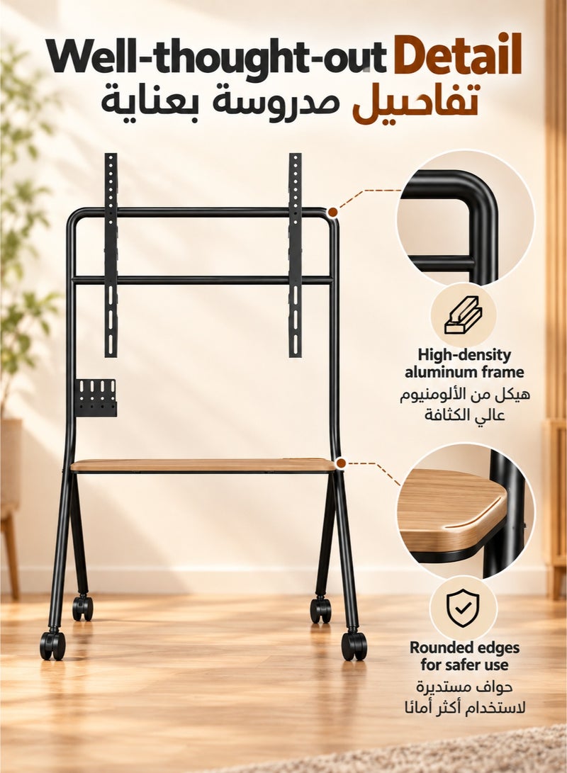 XiuWoo Rolling TV Stand for 32–75 Inch TVs, Heavy-Duty Mobile TV Cart with 4 Lockable Wheels, Height Adjustable, 50kg Capacity, VESA 100×100–600×600mm, Wooden Media Shelf for Home & Office - Image 3