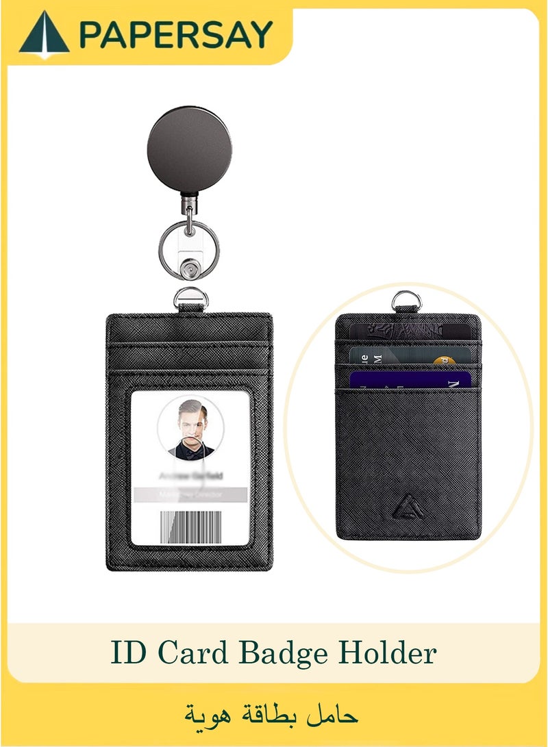 PAPERSAY Heavy Duty Vertical ID Card Holder Metal Retractable Badge Holder Reel with Belt Clip Key Ring, Waterproof Clear and Leather Badge Holder - Image 1