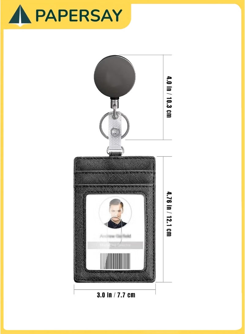 PAPERSAY Heavy Duty Vertical ID Card Holder Metal Retractable Badge Holder Reel with Belt Clip Key Ring, Waterproof Clear and Leather Badge Holder - Image 2
