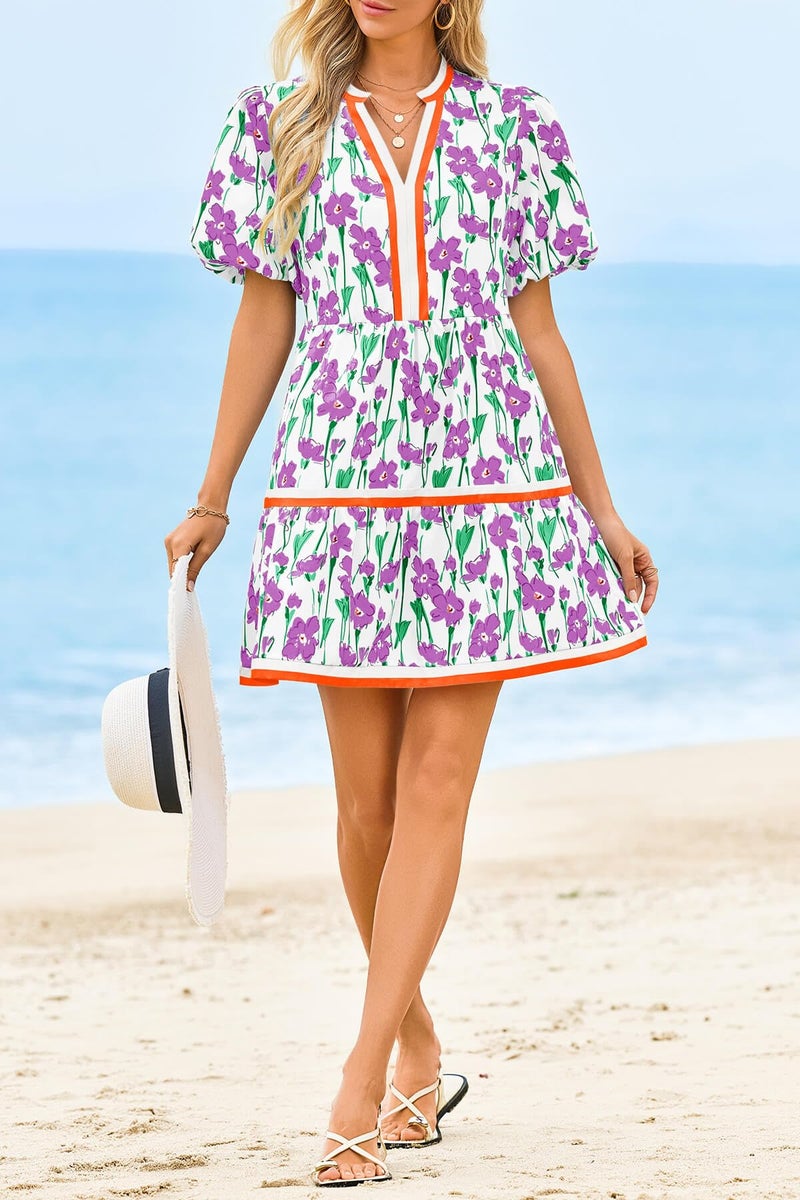 Cicy Bell Womens V Neck Floral Mini Dress Short Puff Sleeve Patchwork Summer Casual Boho Dresses Purple - Image 5