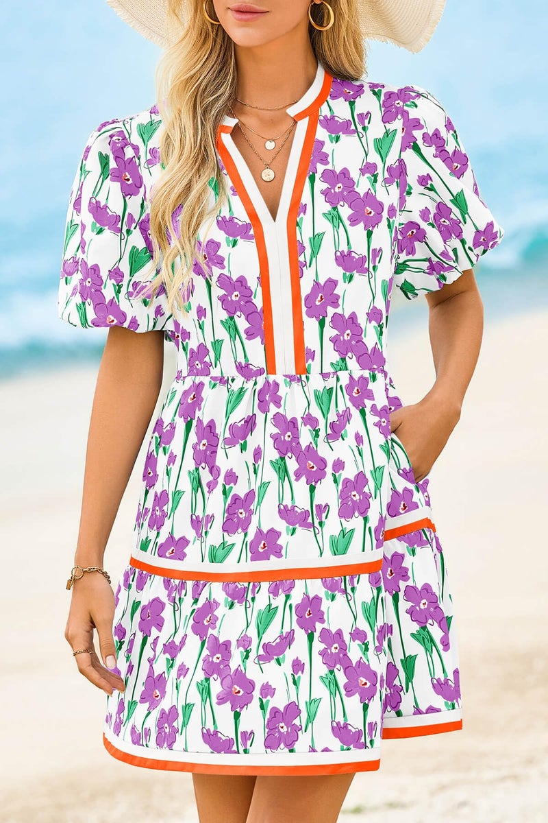 Cicy Bell Womens V Neck Floral Mini Dress Short Puff Sleeve Patchwork Summer Casual Boho Dresses Purple - Image 3
