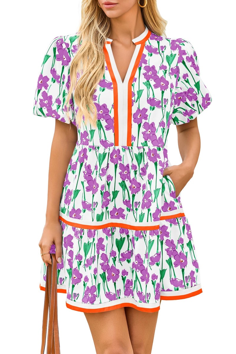 Cicy Bell Womens V Neck Floral Mini Dress Short Puff Sleeve Patchwork Summer Casual Boho Dresses Purple - Image 1