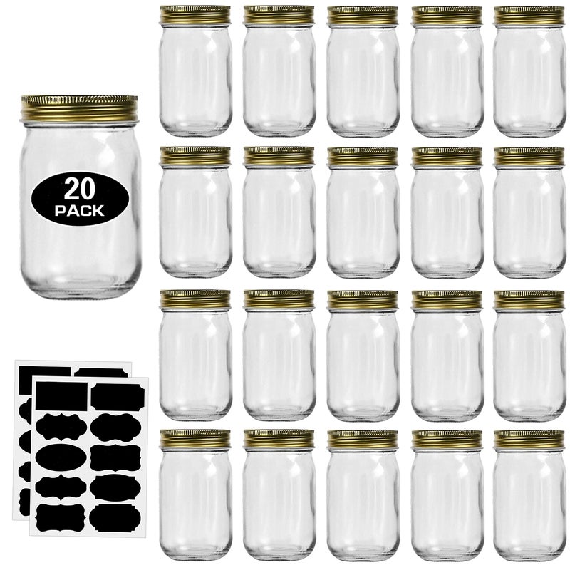 12oz Glass Jars With Lids Regular Mouth 20 Pack Mason Jars 12 oz For Crafts Meal Prep Canning Jars For Food Storage Frascos De Vidrio Con Tapa Para Conservaswith 20 Chalkboard StickersGold Lid