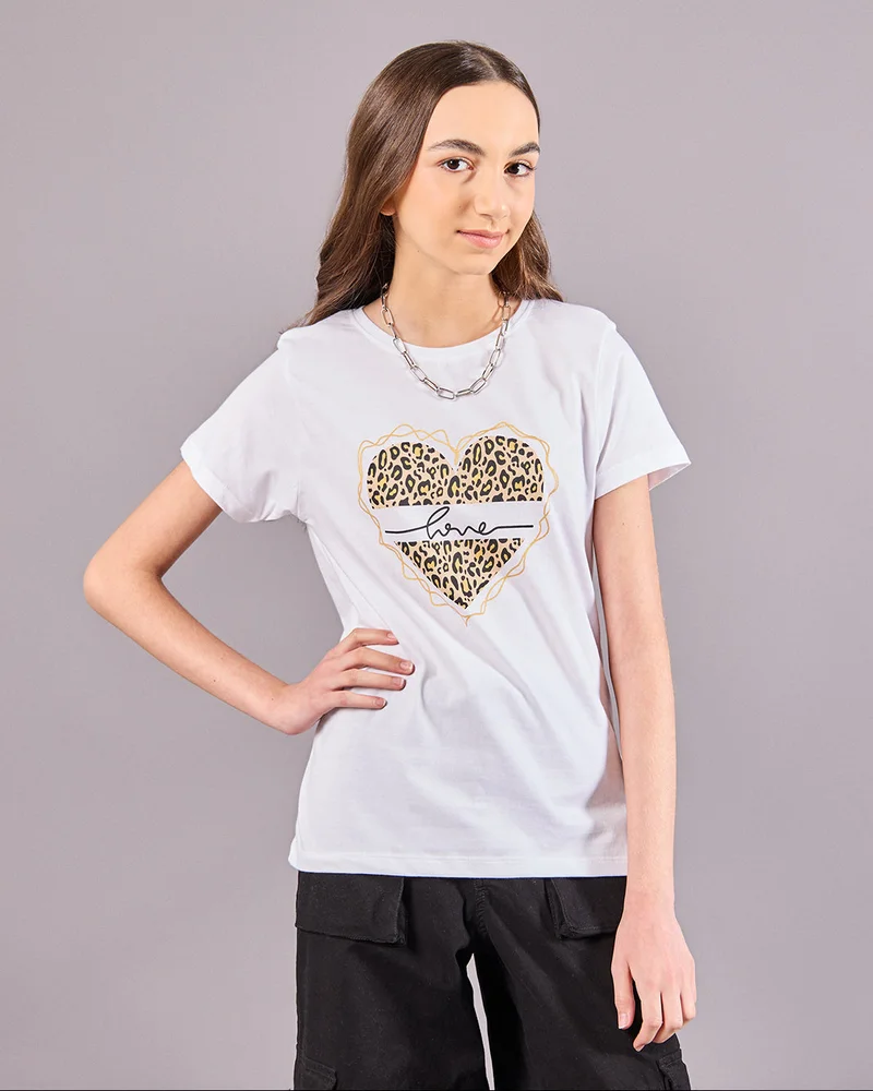 Redtag Senior Girls White Heart Print T-Shirt