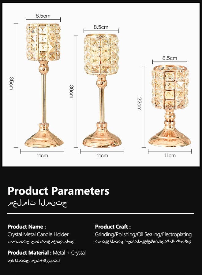 Sunnaltree 3PCS Candle Holder, Gold Crystal Candle Holder Set, Vintage Candlestick Lamp Base, Pillar Candle Holders for Table Centerpiece,Wire Candlestick Tabletop Craft Decor for Party, Wedding (35cm+30cm+22cm) - Image 5