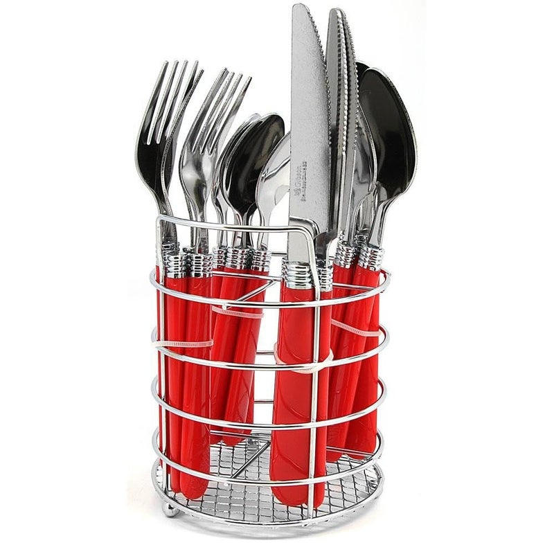 Gibson Sensations 16Piece Stainless Steel Flatware Set with Metal Caddy  Includes Knives Forks Large  Small Spoons  Durable Dishwasher Safe Silverware for Everyday Dining Red