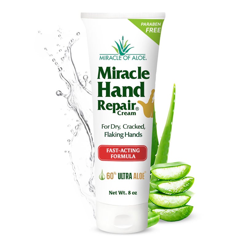 Miracle of Aloe Miracle Hand Repair Cream for Dry Cracked Hands 8 oz Best Healing Hand Cream with 60% Aloe Vera - Non-Greasy Moisturizer for Working Hands - Fast Absorbing Lotion for Extremely Dry Skin - Image 1