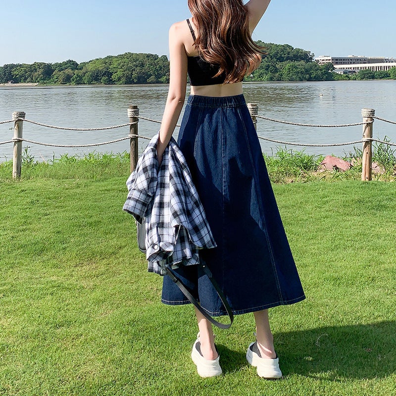 2023 Spring-Summer Pleated Denim Skirt for Women Light Blue