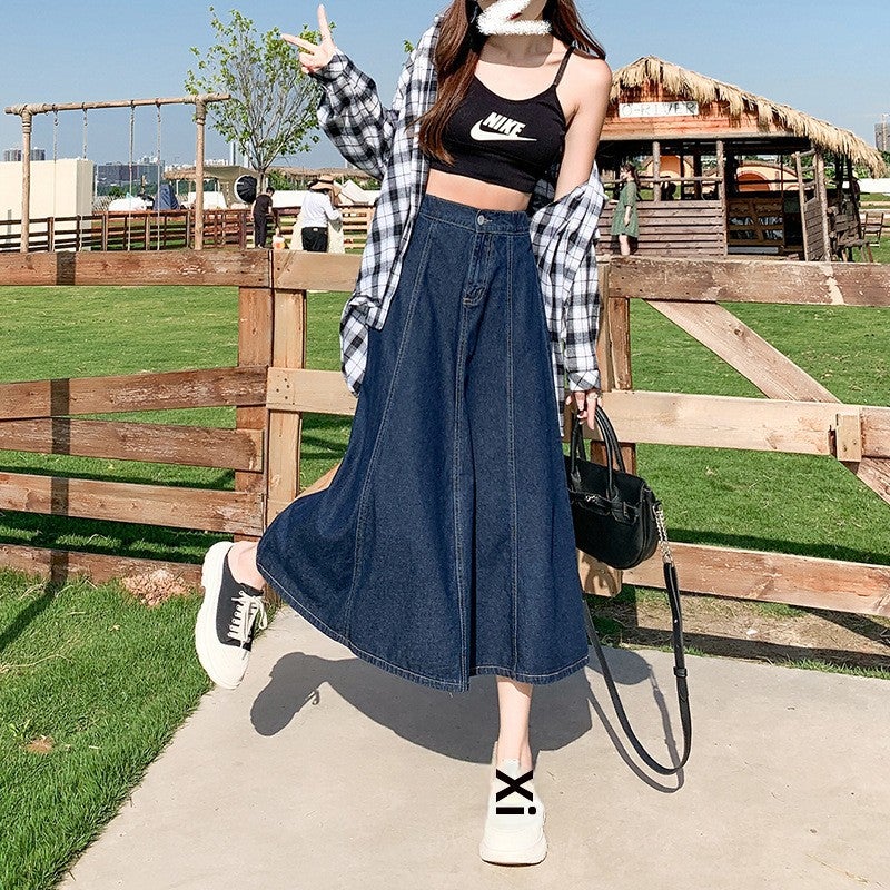 2023 Spring-Summer Pleated Denim Skirt for Women Light Blue