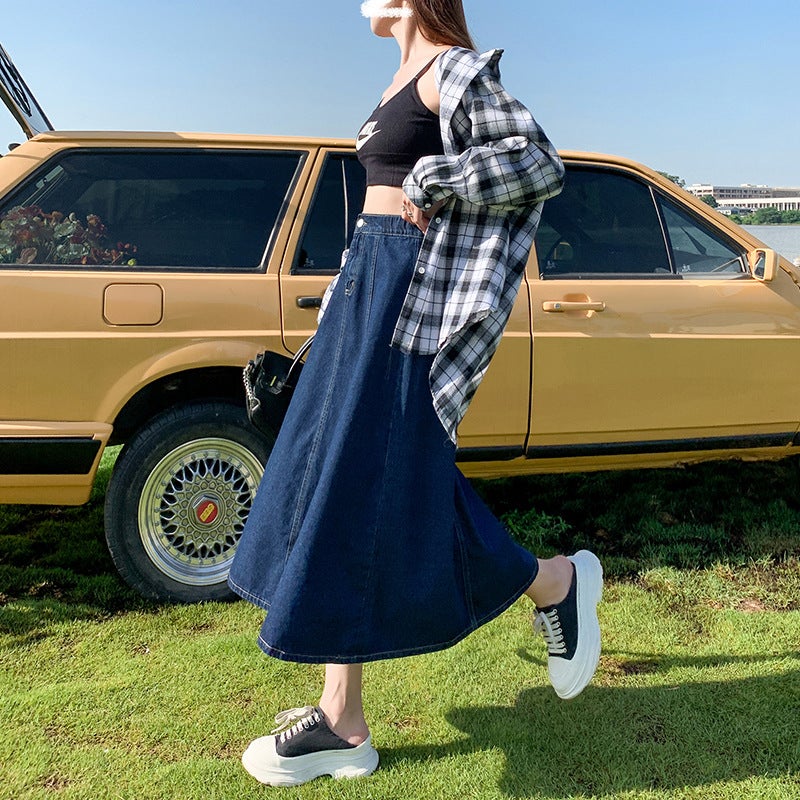 2023 Spring-Summer Pleated Denim Skirt for Women Light Blue