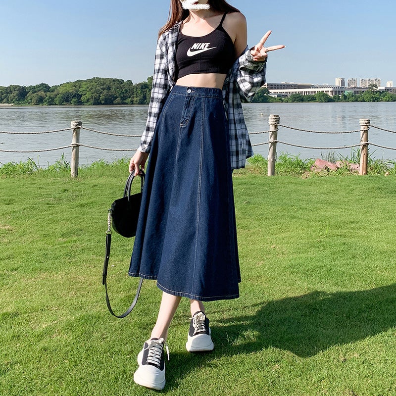 2023 Spring-Summer Pleated Denim Skirt for Women Light Blue