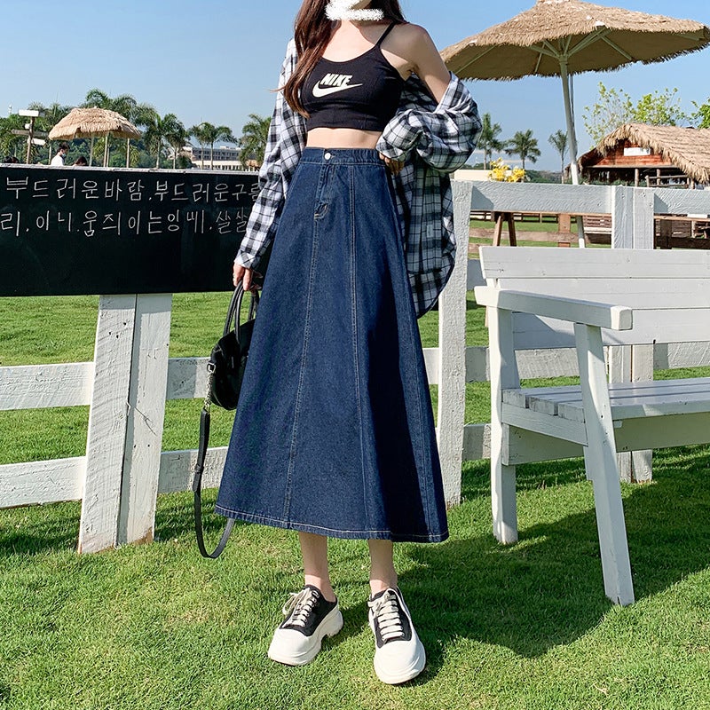 2023 Spring-Summer Pleated Denim Skirt for Women Light Blue