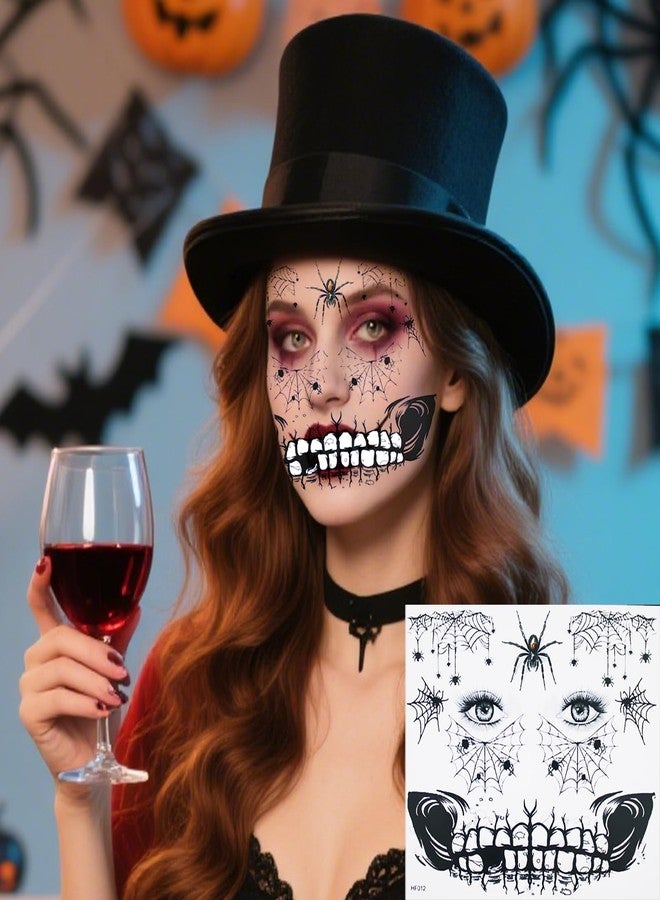 GIYAWA ٨ قطع من الوشوم المؤقتة للوجه بنمط قوطي للهالوين للنساء والرجال، تصاميم ثلاثية الأبعاد لساحرة وزومبي، ديكور تجميلي ليوم الموتى، ندوب خفافيش على شكل شبكة عنكبوت للفتيات والفتيان والبالغين - Image 4