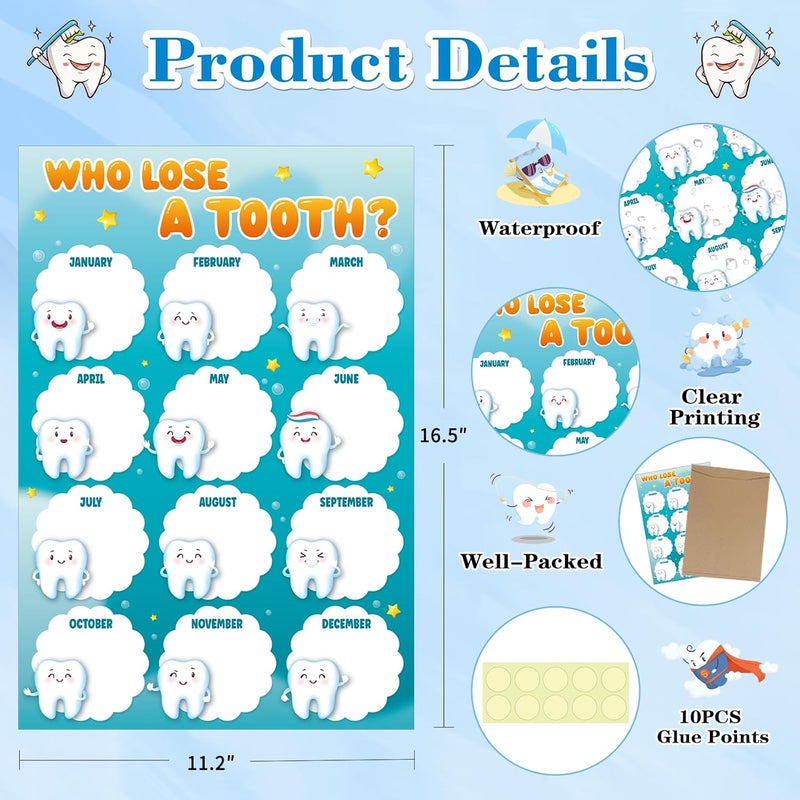 D4DREAM Who Lost a Tooth Poster Chart 11"x 17" Tooth Chart Learning Posters for Kids Classroom Lost Teeth Poster for Nurse Office Decorations Back to School Supplies for Kindergarten Elementary School - Image 4
