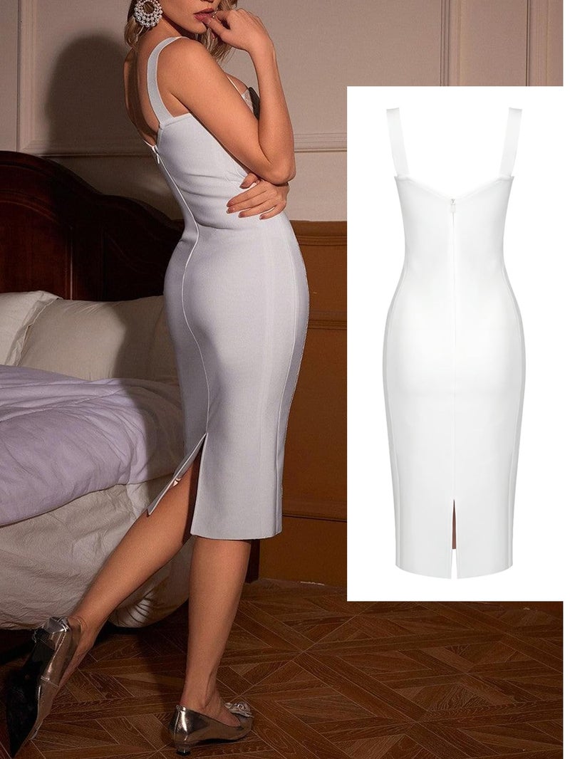 Meilun Lace Fishbone Midi Cocktail Party Bandage Dress for Women Back Slit Wedding Guest Dress (A-White,M) - Image 3