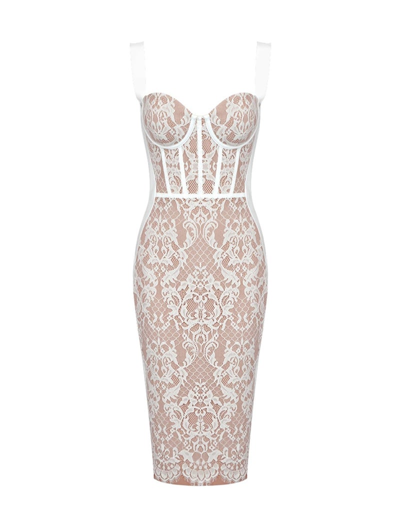 Meilun Lace Fishbone Midi Cocktail Party Bandage Dress for Women Back Slit Wedding Guest Dress (A-White,M) - Image 1