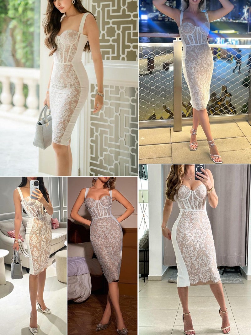 Meilun Lace Fishbone Midi Cocktail Party Bandage Dress for Women Back Slit Wedding Guest Dress (A-White,M) - Image 2